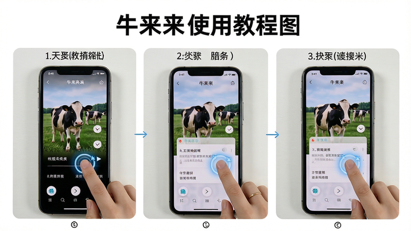 牛来来使用教程图解,主体为手机屏幕操作步骤示意,布局分步展示,排版清晰,风格写实,细节包含手指点击动画,画质高清,干净无多余元素