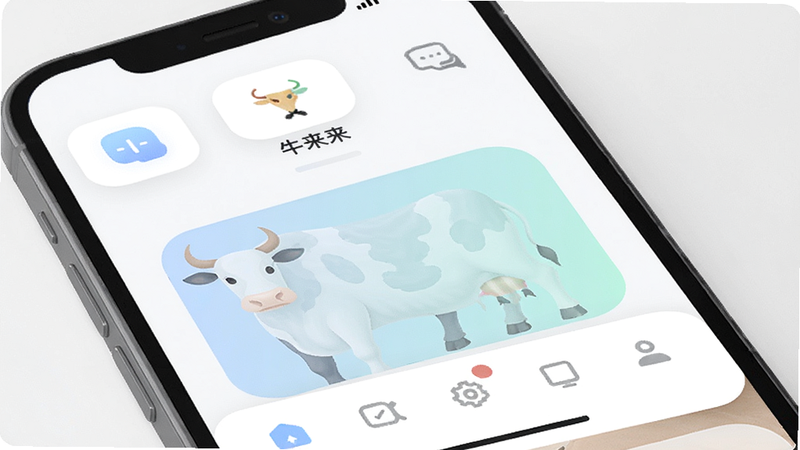 牛来来主界面预览图,展示软件在手机屏幕上运行的场景,主体为手机屏幕特写,布局清晰展示顶部功能栏和底部导航栏,排版简洁大方,风格现代简约,细节包含图标圆润、色彩柔和,画质高清干净,无多余元素