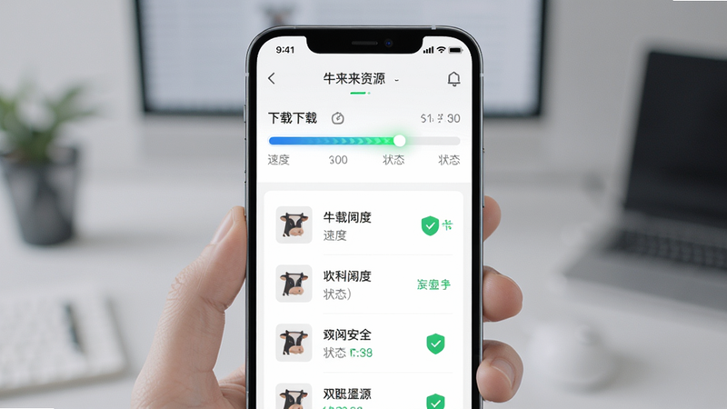 牛来来资源下载界面预览,主体为手机屏幕展示下载进度条和文件列表,布局清晰显示速度与状态,排版直观,风格科技感,细节包含进度动画和绿色安全标识,画质清晰,干净无多余元素