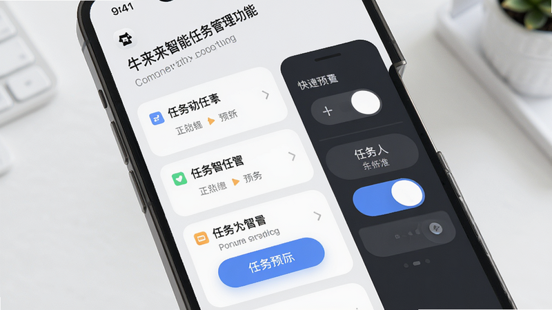 牛来来智能任务管理功能预览,主体为手机屏幕展示任务列表和快捷开关,布局采用卡片式排列,排版整齐有序,风格清爽,细节突出按钮圆角设计,画质细腻,干净无多余元素