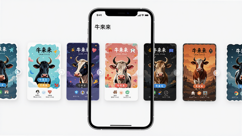 牛来来主题切换界面预览,主体为手机屏幕展示多款主题缩略图,布局采用横向滑动式,排版美观,风格多样,细节包含色彩鲜艳的预览卡片,画质高清,干净无多余元素