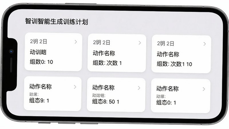 智训智能生成训练计划界面,手机屏幕展示个性化课表,包含日期、动作名称、组数与次数,背景为浅灰色,卡片式布局,排版整齐,细节丰富,画质高清,干净无多余元素