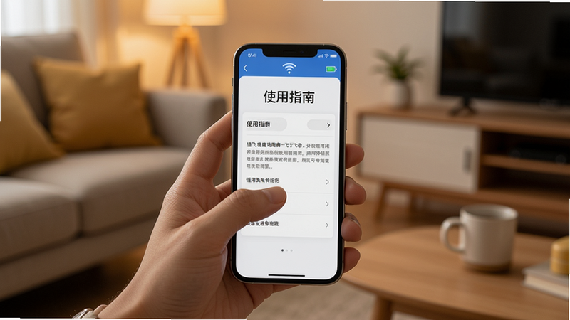 一张展示用户正在使用手机操作懂飞帝应用的场景,手机屏幕显示“使用指南”页面,旁边有Wi-Fi图标和电量图标,背景为温馨的室内环境,画面构图以手机为中心,四周留白,风格写实,画质清晰干净,无多余元素