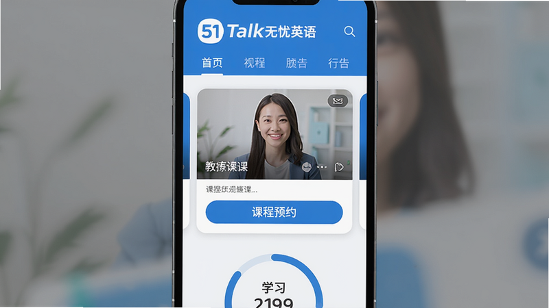 51Talk无忧英语App主界面展示,顶部为品牌Logo和导航栏,中部是外教视频课卡片与课程预约按钮,底部为学习报告进度环,整体采用蓝白主色调,扁平化设计,界面干净清新,画质高清,无多余元素