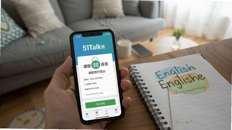 51Talk无忧英语手机端运行截图,手机屏幕上显示课程预约成功页面,背景为模糊的客厅,手机旁边放着一本英语笔记本,俯拍角度,自然光,画面干净清晰