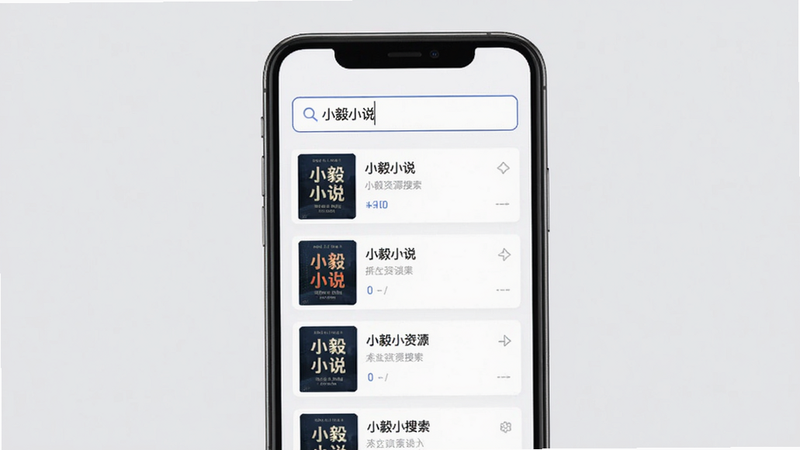 小毅资源搜索功能示意图,界面展示搜索框输入“小毅小说”关键词,下方呈现整齐的搜索结果列表,每个条目包含封面缩略图和标题,背景为浅灰色,手机模型居中,现代简约UI设计,画质清晰,干净无多余元素