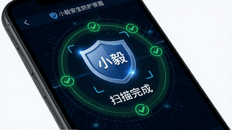 小毅安全防护界面,手机屏幕展示盾牌图标和“扫描完成”字样,周围有绿色对勾环绕,背景为深色科技风格,光效点缀,突出“小毅”安全品牌形象,画质干净,无多余元素