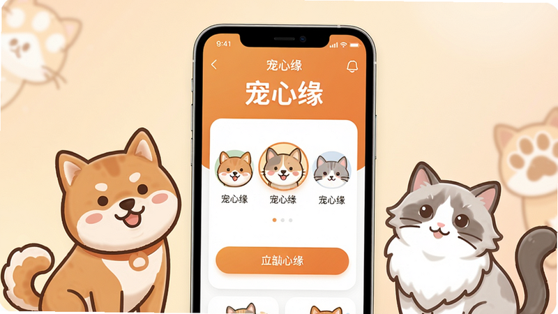 高清摄影风格,画面主体为一部亮屏的智能手机,屏幕中展示“宠心缘”APP的界面,界面风格清新自然,主色调为温暖的橙色与白色,顶部显示“宠心缘”字样,下方有萌宠头像和互动按钮,手机周围环绕着可爱的柴犬和布偶猫的卡通形象,背景采用柔和的渐变底色,整体布局居中,画质细腻柔和,干净无多余元素,突出温馨社交氛围,画面中文字为“宠心缘”