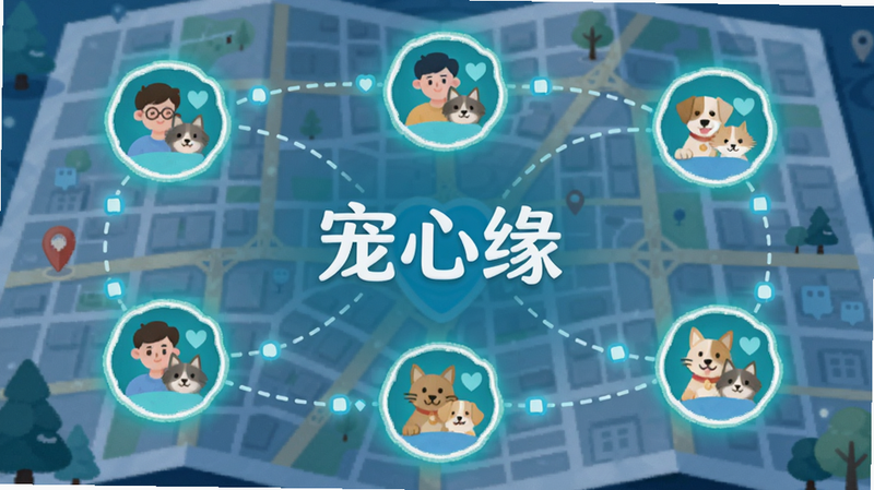 插画风格,画面主体为一张城市地图风格的背景,其上分布着多个发光的人与宠物头像图标,中心位置有“宠心缘”字样,用一条流畅的虚线将各个头像连接起来,象征智能匹配,配色以蓝绿色为主,布局清晰,画质干净,突出位置服务与连接的概念,画面中文字为“宠心缘”