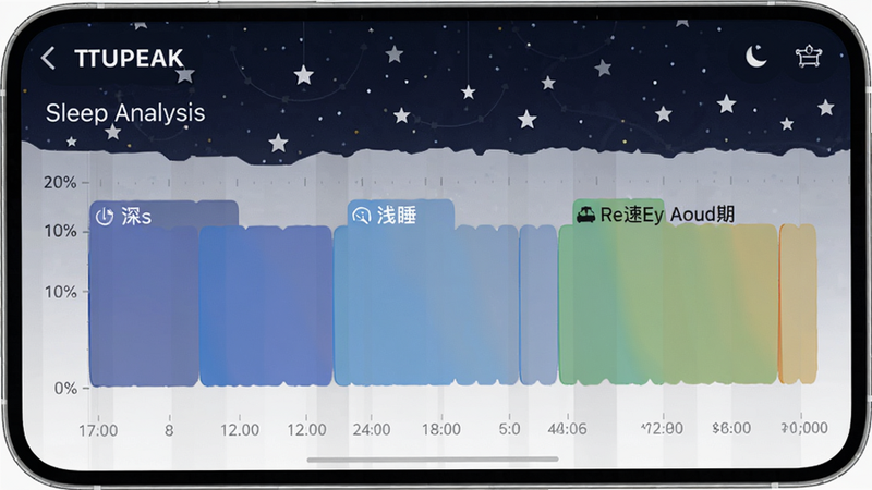 TRUPEAK应用睡眠分析页面截图,画面展示睡眠阶段时间轴,包含深睡、浅睡、快速眼动期的彩色分段,背景为夜晚星空风格,色调柔和,排版清晰,画质高清,无杂乱元素。