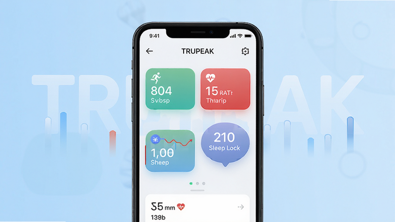 一张展示TRUPEAK应用主界面的宣传图,画面中央是一部智能手机,屏幕中显示健康数据仪表盘,包含步数、心率、睡眠时长等彩色图表,背景为浅蓝色渐变,风格简洁现代,排版干净,UI设计精致,画质高清,无多余元素。