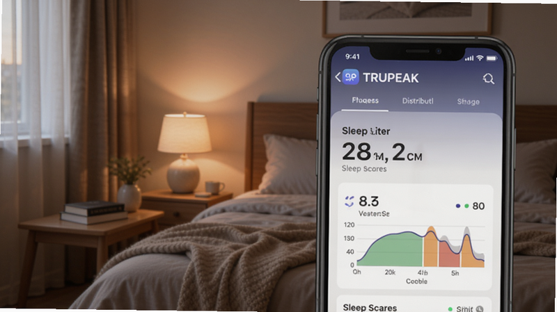 TRUPEAK应用睡眠报告界面展示图,画面中手机屏幕显示睡眠评分与阶段分布,背景为卧室场景,灯光柔和,风格温馨,排版整洁,画质清晰,无多余元素。