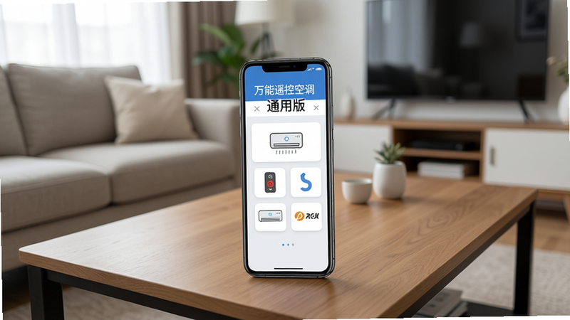 一张智能手机屏幕显示万能遥控空调通用版主界面的高清图片,手机放在客厅茶几上,背景是舒适的现代家居环境,屏幕中清晰可见“万能遥控空调通用版”软件名称和几个空调品牌图标,界面风格简洁明亮,画质清晰,干净,无多余元素