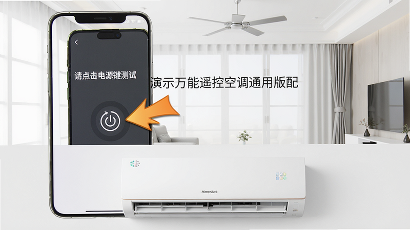 一张演示万能遥控空调通用版配对步骤的图片,手机屏幕显示“请点击电源键测试”提示,旁边有动画箭头指向电源按钮,背景为明亮的室内环境,手机下方有空调室内机,画质清晰,构图简洁,干净,无多余元素