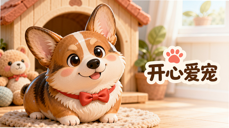 主体:一只圆滚滚的可爱柯基犬,毛色亮泽,佩戴红色蝴蝶结,正歪头微笑,背景是温馨的宠物小屋,有毛绒玩具和绿植。布局:宠物居中偏左,右侧留白用于放置文字“开心爱宠”Logo。排版:主体清晰,前景宠物,背景柔和虚化,文字区域干净。风格:卡通治愈系,色彩明亮温暖,线条圆润。细节:毛发根根分明,眼神灵动,带有柔和的光影效果。画质:4K高清,干净,无多余元素。