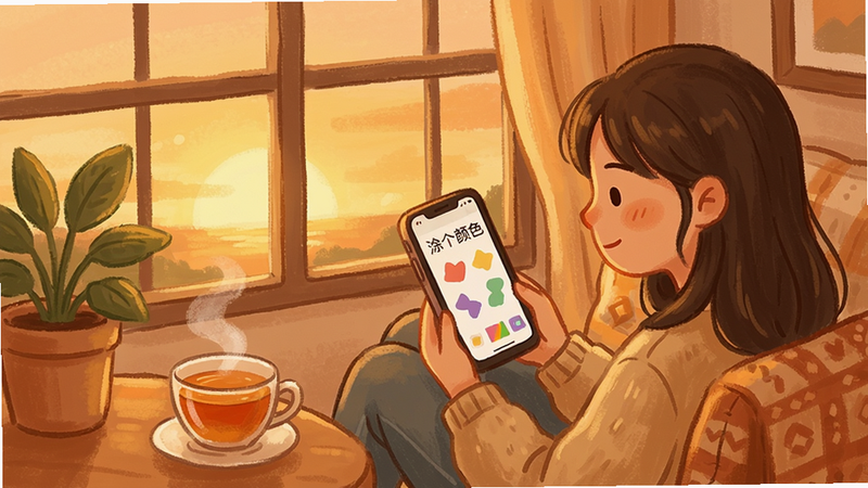 一幅温馨的室内插画,一个女孩坐在窗边沙发上,手机屏幕上显示“涂个颜色”应用,画面中有一杯热茶和绿植,窗外是夕阳,整体色调为暖橙色,采用手绘风格,细节丰富,画质柔和,突出放松、治愈的氛围,无多余元素