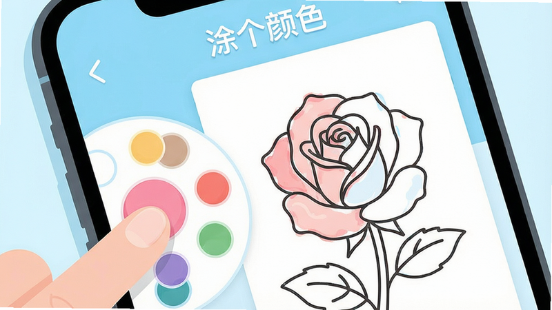 一幅展示手机屏幕特写的数字插画,屏幕中显示“涂个颜色”应用的涂色界面,画布上是一朵半完成的玫瑰线稿,左侧有圆形调色盘,手指正点击一个粉色色块。画面明亮清新,以浅蓝和白色为主色调,采用扁平化设计风格,细节丰富,色彩干净柔和,高清画质,整体布局简洁,突出应用名称“涂个颜色”与轻松愉快的涂色氛围,无多余元素