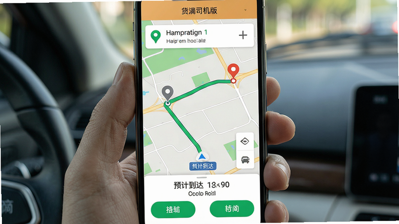 主体:手机屏幕显示“货滴司机版”的导航界面,地图上有一条绿色路线,起点和终点有标记,底部有预计到达时间和距离信息。布局:手机屏幕居中,地图占满屏幕,路线清晰。排版:顶部有路线信息栏,底部有操作按钮,界面简洁。风格:写实地图风格,色彩自然,标注清晰。画质:高清,干净,无多余元素。