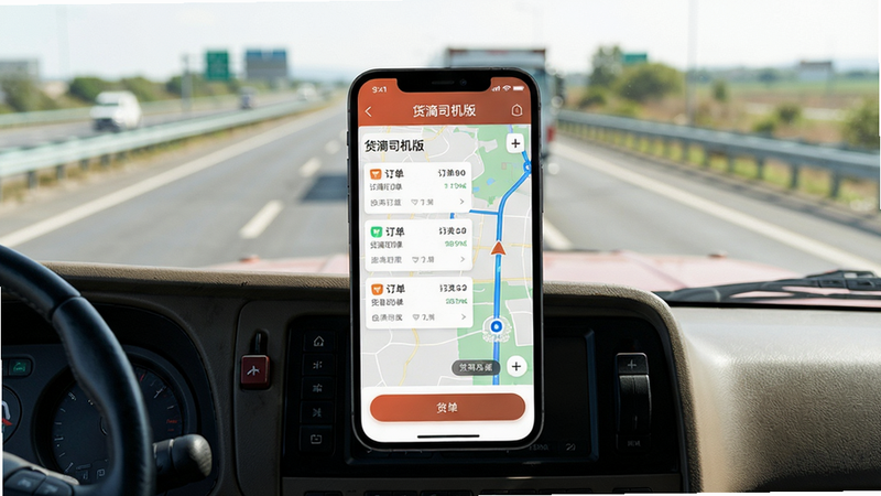主体:一辆货运卡车行驶在开阔的高速公路上,驾驶室中控台上放着一部手机,屏幕显示“货滴司机版”APP界面,界面中有订单列表和地图导航。布局:手机屏幕居中,周围有模糊的公路背景,突出APP界面。排版:手机屏幕占据画面主体,APP界面清晰可辨,上方显示“货滴司机版”字样,下方有订单卡片和导航按钮。风格:写实风格,光线明亮,色彩自然,细节丰富。画质:高清,干净,无多余元素。