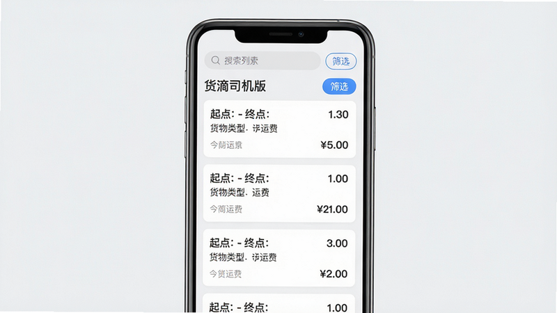 主体:手机屏幕展示“货滴司机版”的货源列表页面,列表中有多个货源卡片,每个卡片显示起点、终点、货物类型和运费。布局:手机屏幕居中,背景为淡灰色,突出列表内容。排版:列表从上到下排列,卡片间距均匀,顶部有搜索栏和筛选按钮。风格:扁平化设计,色彩明快,文字清晰。画质:高清,干净,无多余元素。