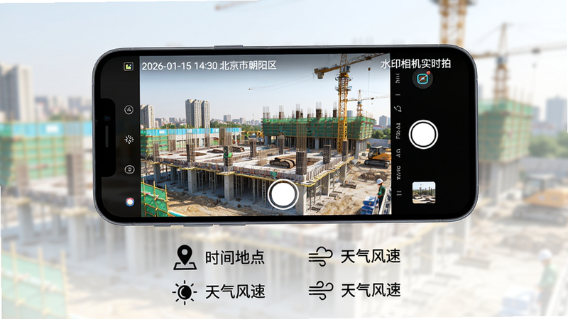 主体:一部正在运行“水印相机实时拍”APP的智能手机,屏幕占据画面中心,显示拍照界面。布局:手机横置于画面中央,屏幕内清晰展示取景画面、底部快门按钮以及右上角“水印相机实时拍”字样。排版:手机下方放置两行简洁的功能图标说明,包括“时间地点”、“天气风速”。风格:写实3D渲染风格,光线明亮,色彩还原真实。细节:屏幕上的取景画面为建筑工地,水印信息显示“2026-01-15 14:30 北京市朝阳区”,画质:8K超清,干净,无多余元素。