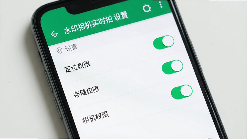 主体:一部手机正在运行“水印相机实时拍”,屏幕显示设置界面。布局:手机竖屏展示,屏幕内列出“定位权限”、“存储权限”、“相机权限”三个开关选项,均处于开启状态。排版:设置列表清晰简洁,每个选项右侧有开关按钮。风格:清爽的UI设计风格,绿色和白色为主色调。细节:屏幕顶部显示“水印相机实时拍 设置”标题。画质:高清,干净,无多余元素。