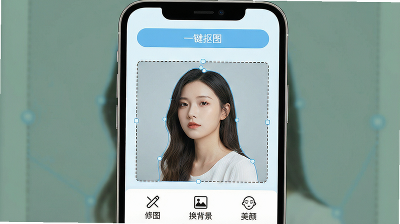 一张智能手机屏幕展示“一键抠图修图”软件主界面,界面顶部有“一键抠图”按钮,中间显示一张人物照片正在被智能识别轮廓,背景被虚线框选,底部有“修图”“换背景”“美颜”等图标,整体风格简洁现代,浅蓝主色调,界面干净清爽,画质高清,无多余元素