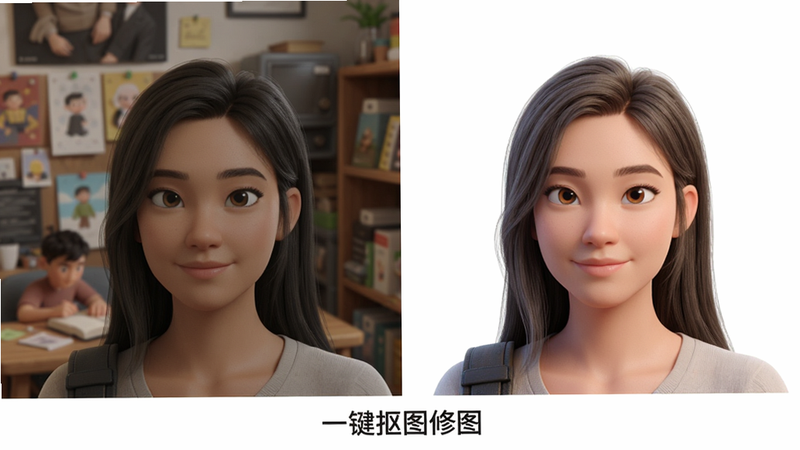 一张对比图,左侧为原始照片,背景杂乱,右侧为“一键抠图修图”处理后的效果,主体人物被完美抠出,背景变为纯白色,人物发丝细节清晰可见,图像下方有“一键抠图修图”字样,画质高清,风格写实,排版整洁