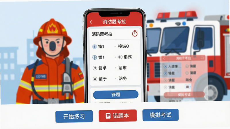 主体:消防题考拉软件主界面,手机屏幕展示题库列表与答题界面,背景为消防员与消防车元素。布局:中央手机,四周留白,下方有“开始练习”“错题本”“模拟考试”按钮。排版:界面简洁,图标清晰,文字标签为“消防题考拉”。风格:扁平化设计,色彩以红、蓝、白为主,干净明亮。细节:手机屏幕显示一道选择题,选项清晰,有倒计时图标。画质:高清渲染,干净,无多余元素。