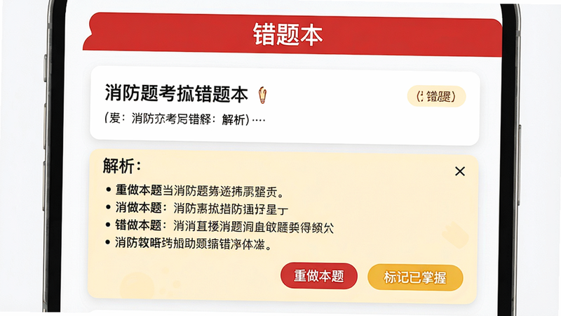 主体:消防题考拉错题本页面,展示一道错题及解析。布局:上方红色横幅“错题本”,下方题目卡片,解析区域用浅黄色背景突出。排版:题目文字清晰,解析分条列出。风格:简洁教育风,红色与黄色点缀。细节:有“重做本题”“标记已掌握”按钮。画质:细腻,干净,无多余元素。