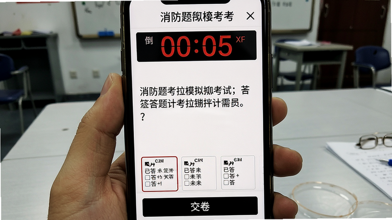 主体:消防题考拉模拟考试界面,手机显示考试倒计时与答题卡。布局:顶部倒计时,中间题目,底部答题卡缩略图。排版:风格类似真实机考,有“交卷”按钮。风格:严肃考场风,白底黑字,红色计时。细节:答题卡标记已答与未答。画质:清晰,干净,无多余元素。