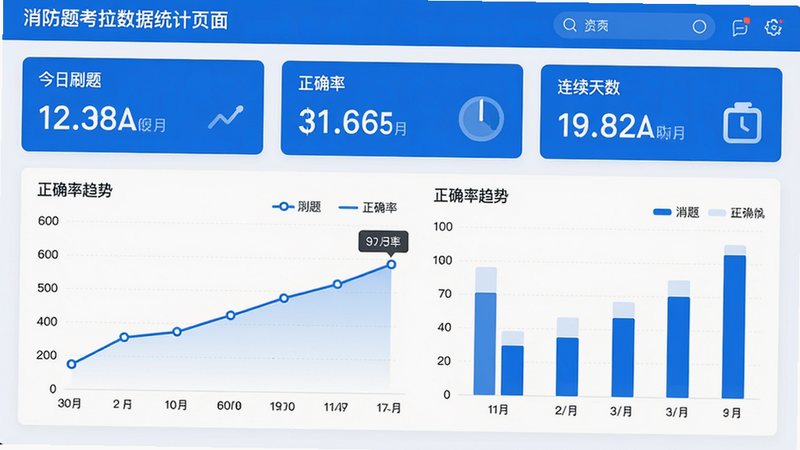 主体:消防题考拉数据统计页面,显示学习报告。布局:上方三个数据卡片(今日刷题、正确率、连续天数),下方折线图与柱状图。排版:图表清晰,有图例。风格:现代数据可视化风格,蓝白配色。细节:折线图标注“正确率趋势”。画质:高清,干净,无多余元素。