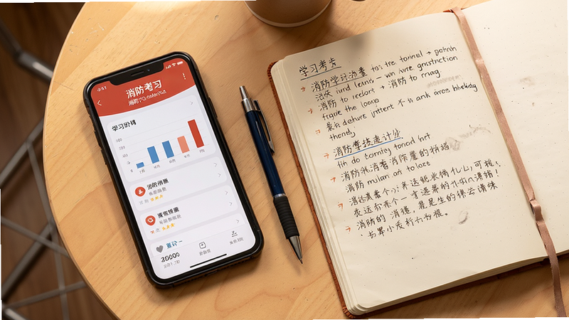 主体:消防题考拉使用场景,手机放在桌上,旁边有笔和笔记本。布局:手机屏幕显示学习统计页面,笔记本打开。排版:俯视角度,元素自然摆放。风格:生活化摄影风格,温暖光线。细节:笔记本上有手写笔记,手机屏幕清晰。画质:高清,干净,无多余元素。