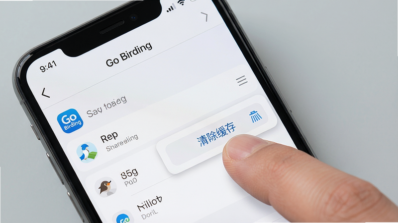 一张Go Birding应用在手机后台管理界面的截图,主体是手机设置中的应用信息页,显示“清除缓存”按钮被手指点击,手机屏幕布局清晰,背景是简洁的纯色桌面,风格写实,画质高清,干净无多余元素。
