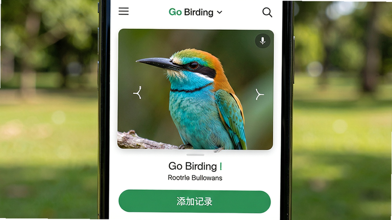 一张高清的智能手机屏幕特写,手机屏幕正显示Go Birding应用的鸟类识别界面,界面风格简洁现代,主体是一只色彩鲜明的蓝喉蜂虎鸟照片,屏幕下方有识别结果和“添加记录”按钮,背景是虚化的公园绿地,自然光线下,画面干净,无多余元素,画质细腻,手机应用界面文字清晰可见。