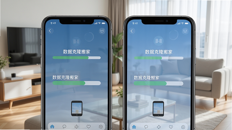 一张展示数据克隆搬家在手机上运行的场景图,画面中两部手机并排放置,屏幕显示数据传输进度条,背景为现代客厅,光线明亮,画质清晰,无多余元素,图片文字标注“数据克隆搬家”
