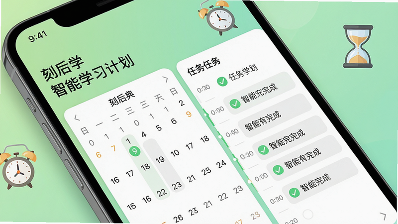 主体:智能手机屏幕展示“刻后学”的“智能学习计划”页面,页面有日历视图和任务清单,勾选标记已完成项。布局:手机斜放,画面左侧为日历,右侧为任务列表,背景为浅绿色渐变,配有闹钟和沙漏图标。排版:任务条目清晰,时间轴标注明确,整体简洁。风格:清新、条理、视觉友好。画质:高清,干净,无多余元素。