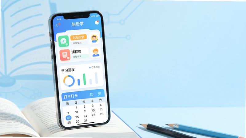 主体:一部亮着屏幕的智能手机,屏幕中显示“刻后学”APP主界面,界面包含课程列表、学习进度图表和打卡日历。布局:手机置于画面中央偏左,右侧留白,背景为淡蓝色渐变,下方有书本和铅笔等文具点缀。排版:界面图标排列整齐,色彩明快,整体采用扁平化设计。风格:清新教育风,明亮通透,细节处体现科技感与学习氛围。画质:高清渲染,干净,无多余元素。