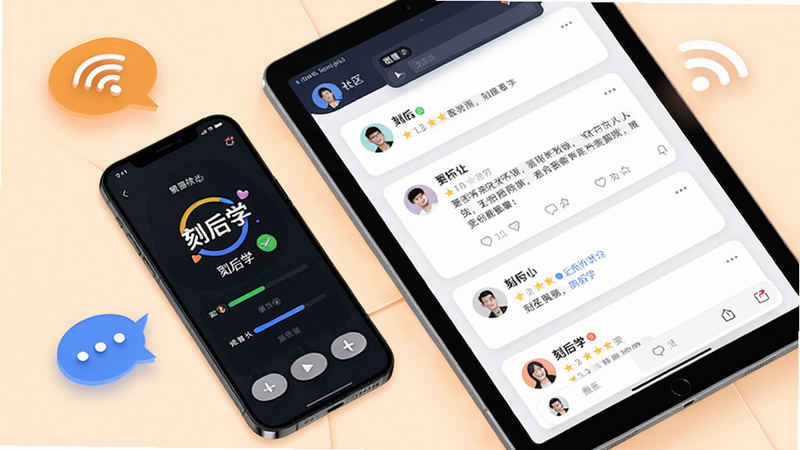 主体:一部手机和一部平板电脑并排摆放,屏幕中显示“刻后学”的同步状态和社区讨论区。布局:设备呈对角线放置,背景为淡橙色,有对话气泡和WiFi图标。排版:社区帖子卡片式布局,头像、昵称、内容清晰。风格:活跃、互动、友好。画质:高清,干净,无多余元素。
