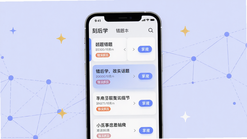 主体:手机屏幕展示“刻后学”的错题本界面,列表显示错题题目、错误原因标签和“掌握”按钮。布局:手机居中,背景为淡紫色,有网状连接线和星形装饰。排版:错题卡片左右滑动,重点高亮。风格:现代、数据化、简洁。画质:高清,干净,无多余元素。