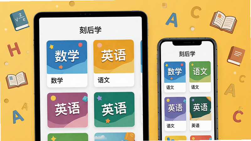 主体:平板电脑与手机并排,屏幕中显示“刻后学”课程列表,包含数学、语文、英语等科目封面缩略图。布局:设备居中,背景为暖黄色,周围漂浮着知识图标(公式、字母、书本)。排版:课程卡片网格排列,封面图色彩鲜艳,标题清晰。风格:知识感、丰富、有序。画质:高清,干净,无多余元素。