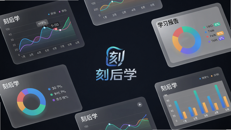 主体:深色背景上悬浮着多个半透明数据卡片,展示“刻后学”学习报告,包括折线图、环形图和柱状图。布局:图表分布在画面四周,中央为“刻后学”Logo。排版:数据标签清晰,颜色区分明显。风格:科技感、轻奢、专业。画质:高清,干净,无多余元素。