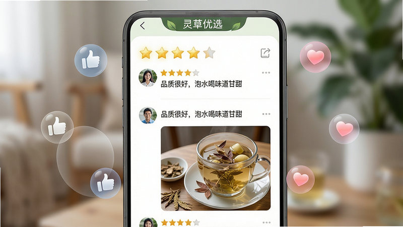 ���壺�ֻ�Ӧ���ڵ�����ҳ����д����Ļ��չʾ���Ǽ����֡��û�ͷ���������ֺ�ɹ��ͼƬ�������С������ѡ�������������֣��ֻ���Ļ���У���Χ�����ż�����͸���ĵ��޺Ͱ���ͼ�꣬ģ���û��������Ű棺�����б����������Ǽ��ý�ɫ������ʾ��ɹͼ���������дʵ��񣬽���UI���£������黯����ͻ����Ļ���ݡ�ϸ�ڣ�һ������д�š�Ʒ�ʺܺã���ˮ��ζ�����𡱣���ͼ�Ǳ������Ųݱ��Ĳ��������ʣ����壬������ͣ�����ɾ��޶���Ԫ�ء�