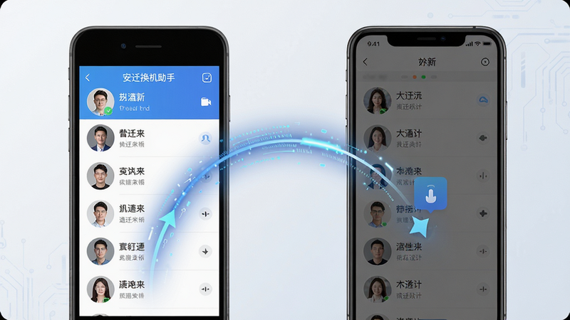 ���壺��Ǩ��������ͨѶ¼Ǩ�ƽ��棬�����ֻ����ţ���Ļ��ʾ��ϵ���б��ʹ��䶯�������֣����ҶԳƣ���Ϊ���ֻ�����Ϊ���ֻ����м������ݴ��仡�ߡ��Ű棺������������ϵ���������б���ʽչʾ�������С���Ǩ�������֡����������дʵ��Ƽ���ϣ�ǳɫ������ϸ�ڣ���ϵ��ͷ�����������仡�ߴ�����������Ч�������ʣ����壬�ɾ�������
