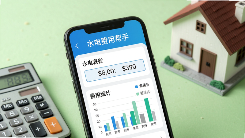 一张展示智能手机屏幕的图片,屏幕中清晰显示“水电费用帮手”的界面,界面上有水电表读数输入框和费用统计图表,手机旁放置计算器和房屋模型,背景为浅绿色,风格简洁明亮,画质清晰,干净无多余元素