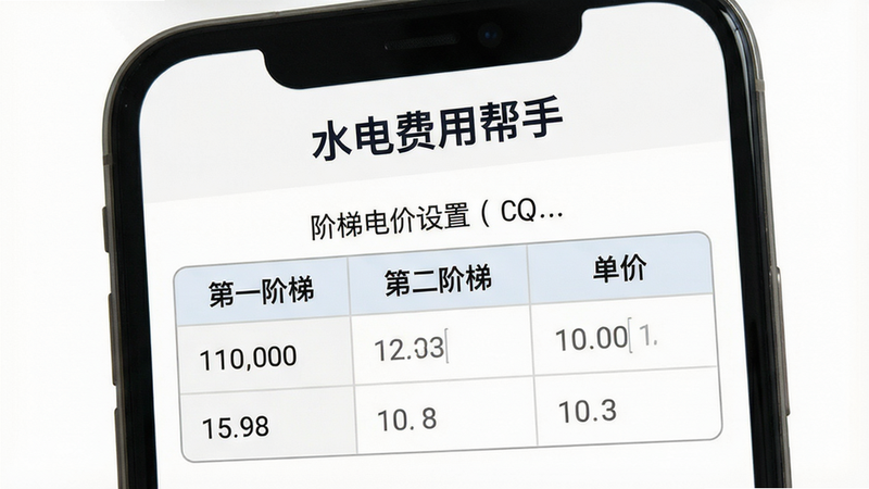 一张展示手机界面的图片,界面标题为“水电费用帮手”,下方显示阶梯电价设置表格,包含“第一阶梯”“第二阶梯”和单价输入框,背景为纯白色,风格扁平化,画质清晰,干净无多余元素