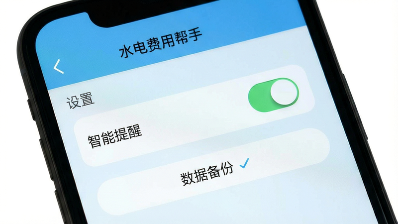 一张手机截图,屏幕中显示“水电费用帮手”的“设置”页面,有“智能提醒”开关和“数据备份”按钮,背景为浅蓝色,界面简洁,画质高清,干净无多余元素