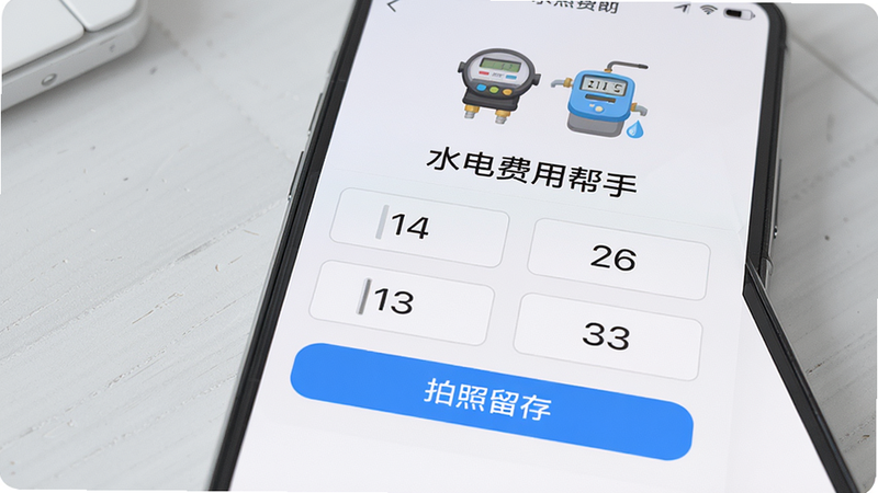 一张特写图片,主体为手机屏幕显示“水电费用帮手”的表数录入页面,包含数字输入框和“拍照留存”按钮,屏幕上方有电表和水表的小图标,背景为浅灰色桌面,布局简洁,风格写实,画质高清,干净无多余元素