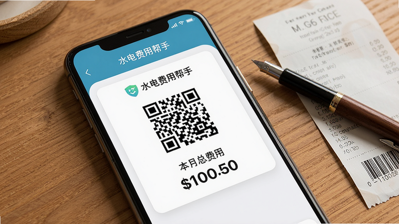 一张手机屏幕截图,屏幕中显示“水电费用帮手”生成的账单卡片,卡片上有二维码和“本月总费用”字样,背景为木桌,旁边有一支笔和一张收据,风格温馨,画质细腻,干净无多余元素