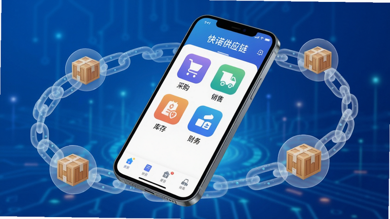 画面主体为一部智能手机悬浮在蓝色科技感背景中,屏幕显示“快诺供应链”App主界面,界面包含采购、销售、库存、财务等彩色功能图标,布局整洁。四周环绕半透明的数据链条和货箱图标,风格现代简洁,突出供应链数字化管理概念。画质高清,干净无多余元素。